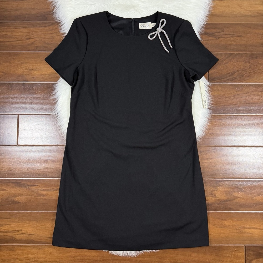 Eliza J Women's Size 16 Black Rhinestone Bow Short Sleeve Sheath Dress